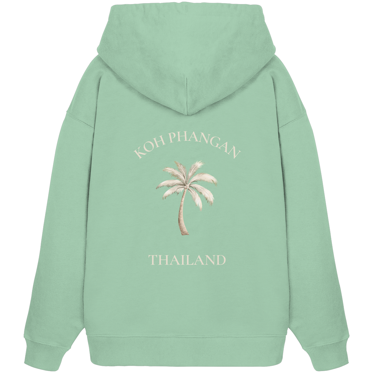 Bio Oversize Hoodie in Misty Jade mit Koh Phangan Mini Palm als Backprint – originales Rücken-Mockup