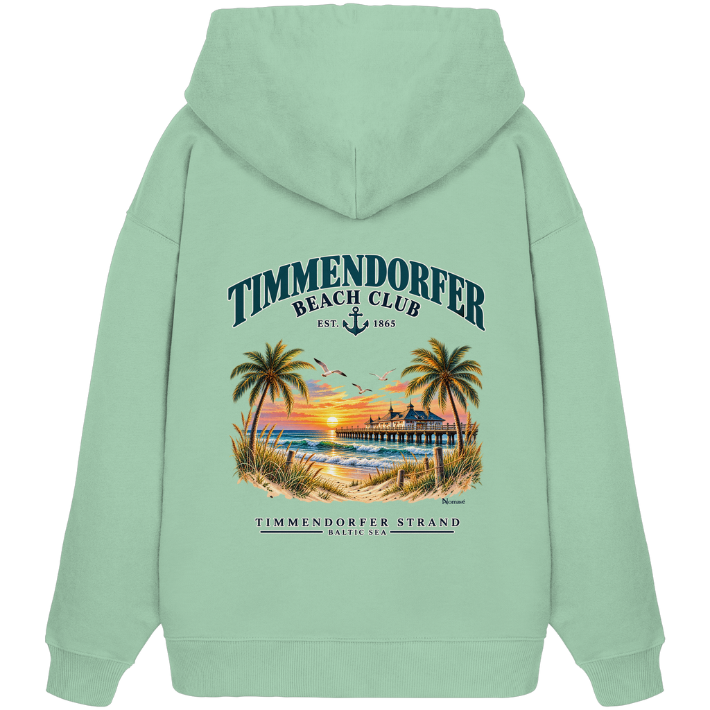 Original-/Katalogmockup: Unisex Bio-Oversize-Hoodie in Misty Jade, Rückansicht mit Timmendorfer-Beach-Club-Rückendruck.