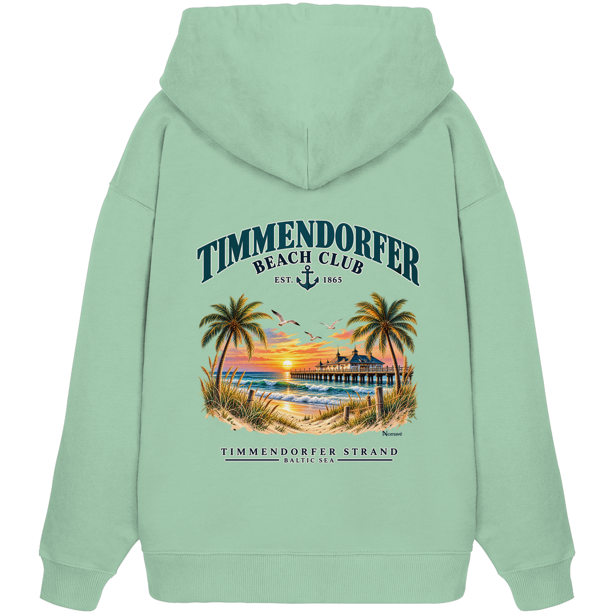 Original-/Katalogmockup: Unisex Bio-Oversize-Hoodie in Misty Jade, Rückansicht mit Timmendorfer-Beach-Club-Rückendruck.