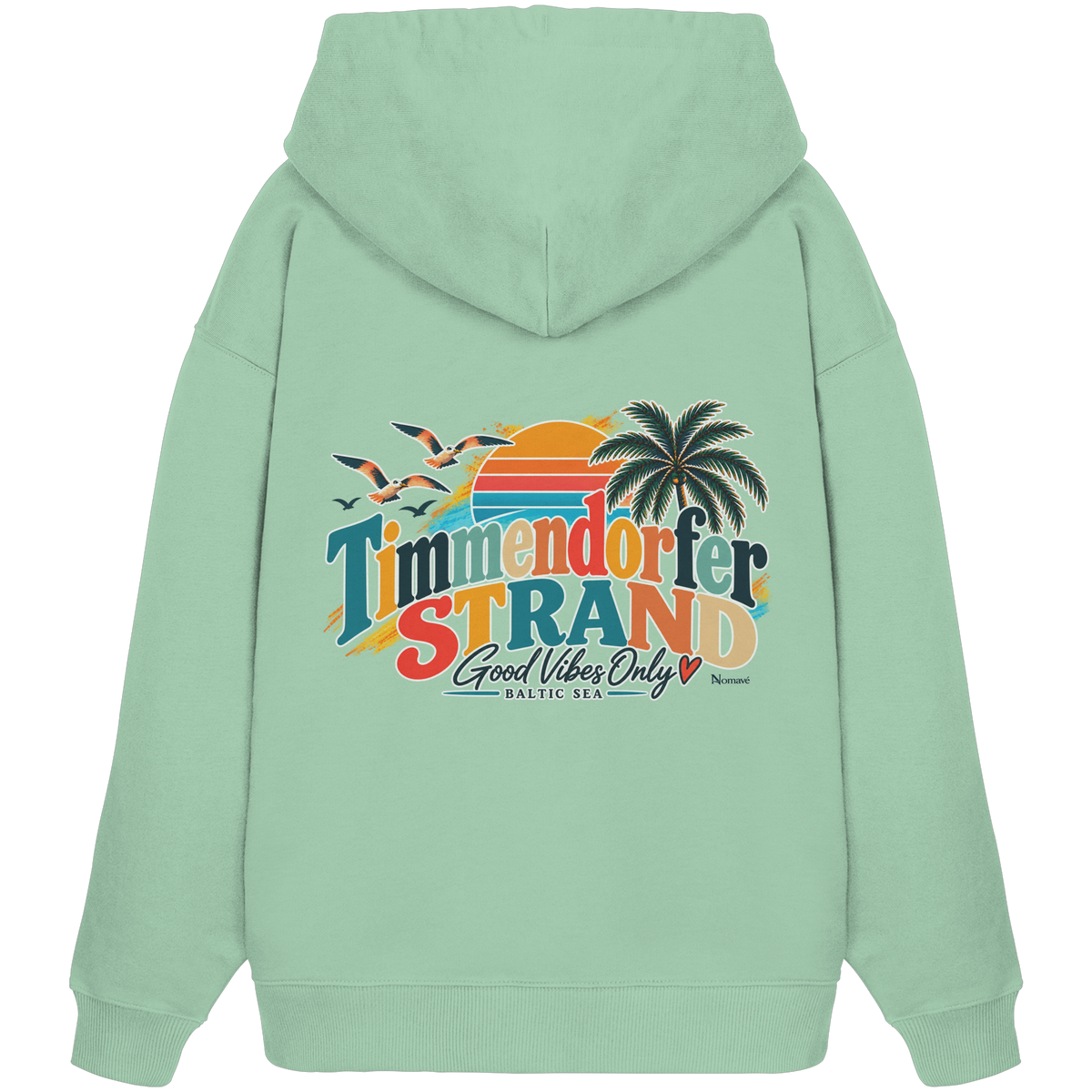 Timmendorfer Strand – Good Vibes Only – Bio Oversize-Hoodie mit Rückenprint – Misty Jade; originales Katalogmockup der Rückansicht mit Rückenprint.