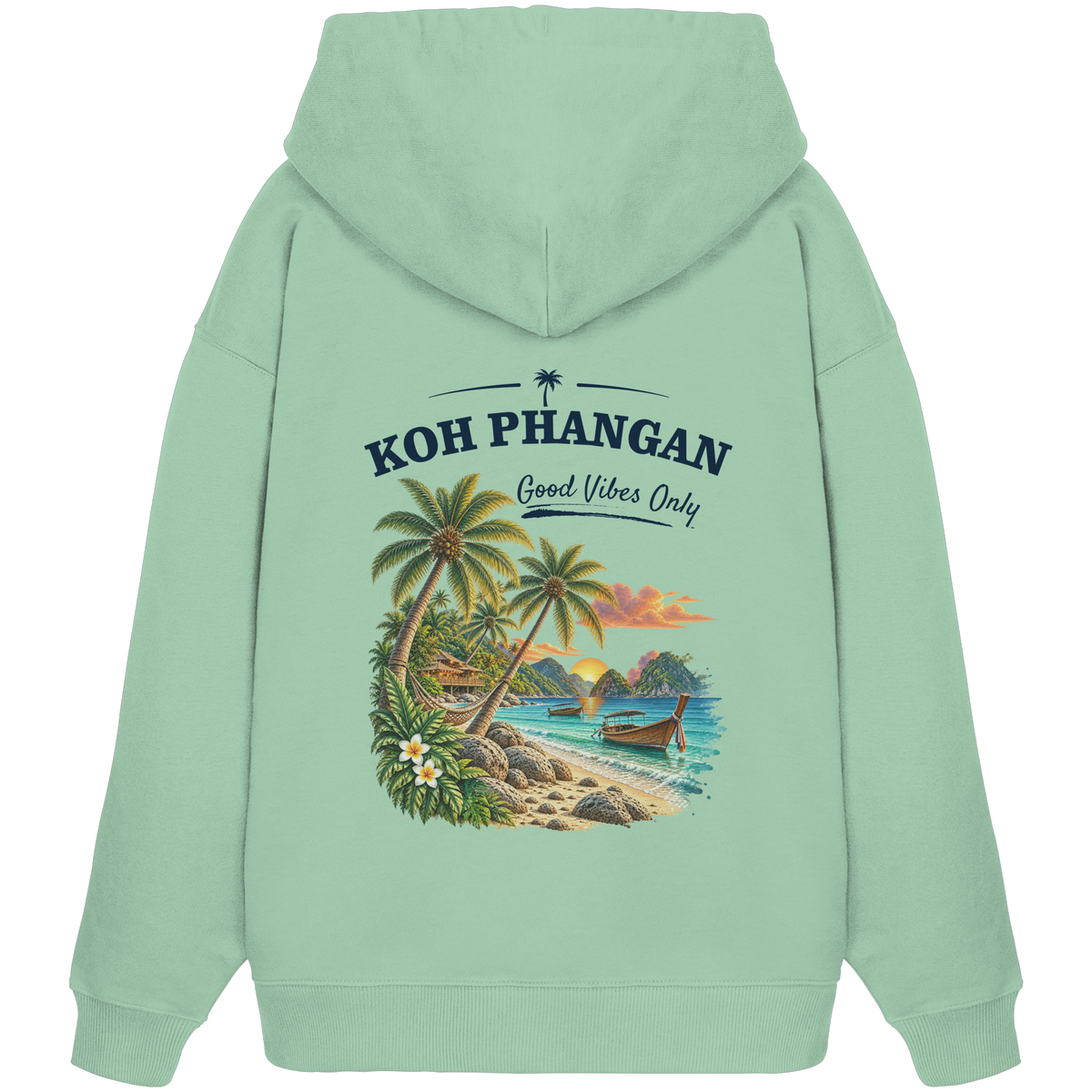 Bio Oversize Hoodie – Backprint in der gezeigten Farbe als Original-Mockup mit Koh Phangan Good Vibes Only Backprint