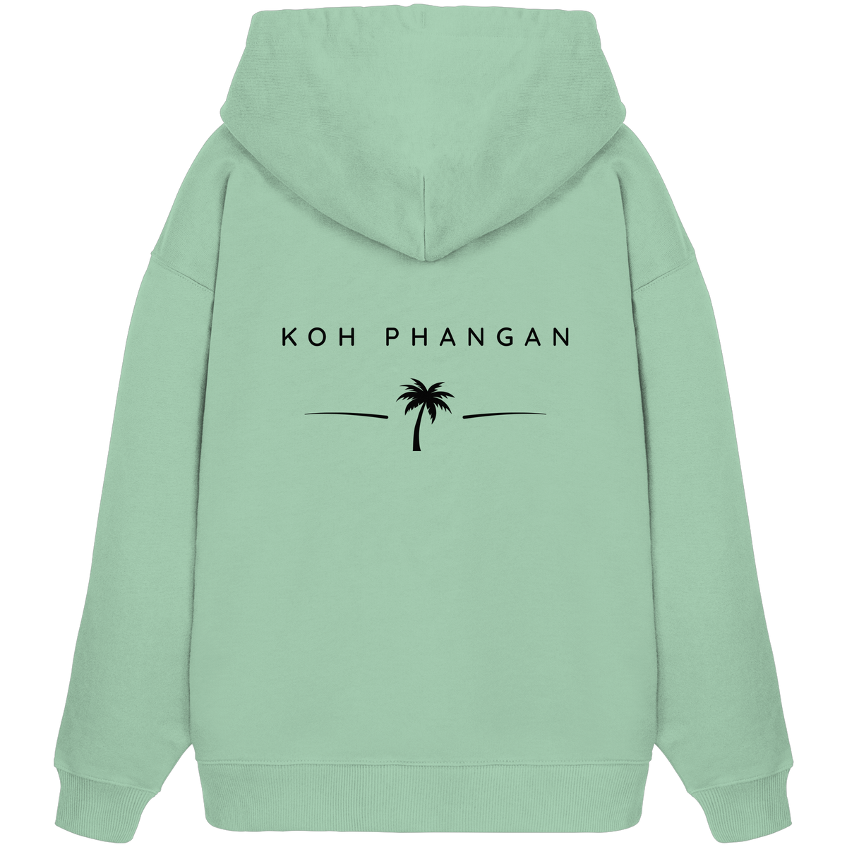 Original-Mockup des Bio Oversize Hoodie in Misty Jade mit Koh-Phangan-Minimal-Backprint