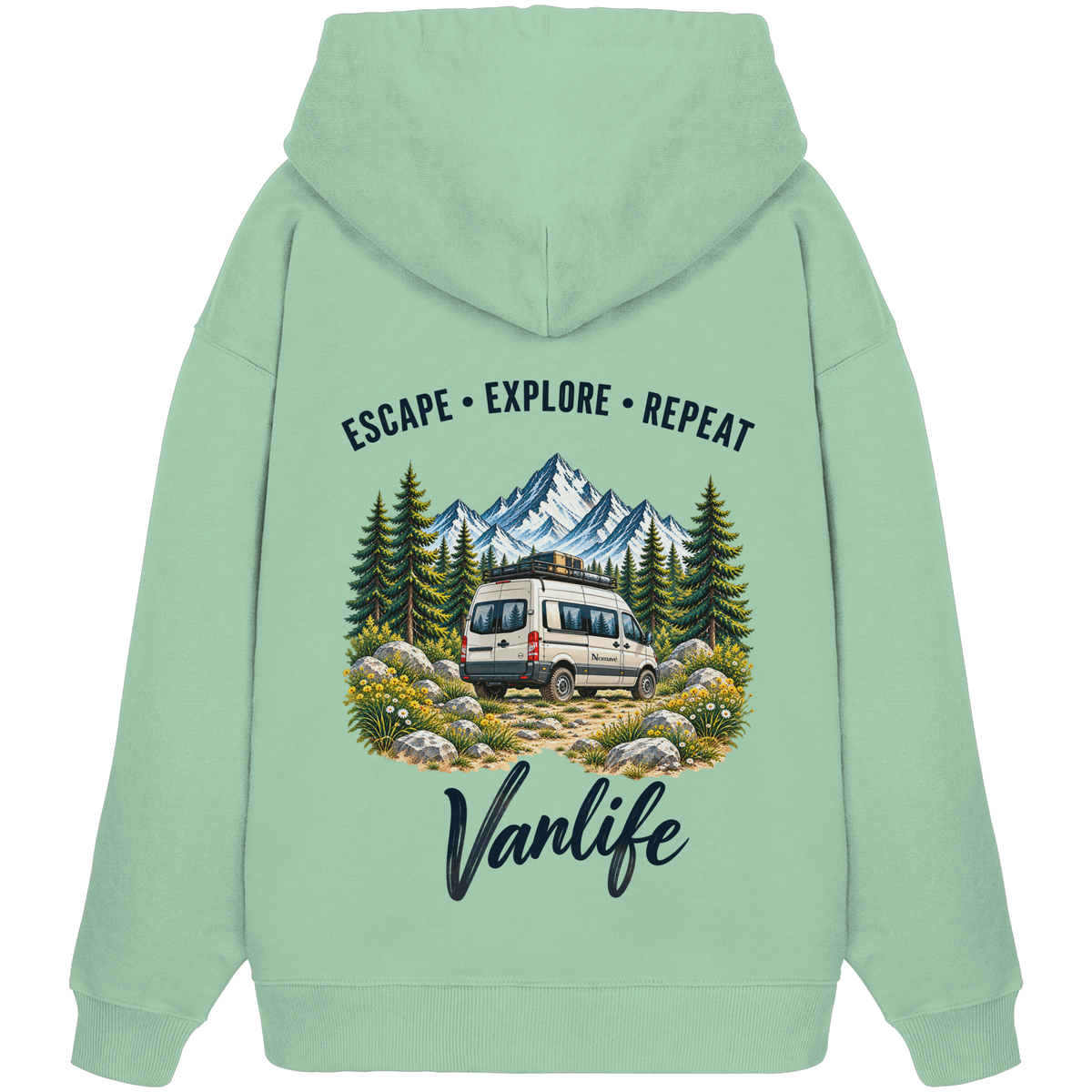 Bio Oversize Hoodie in Misty Jade als Produkt-Mockup mit Escape Explore Repeat Motiv als Backprint