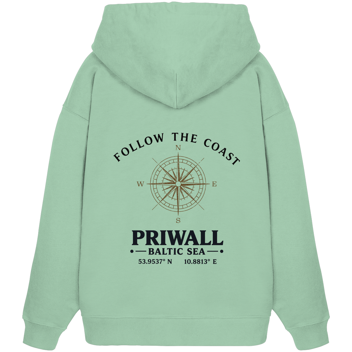Rückansicht des Bio Oversize Hoodie in der gezeigten Produktfarbe mit hellem Priwall Follow the Coast Backprint