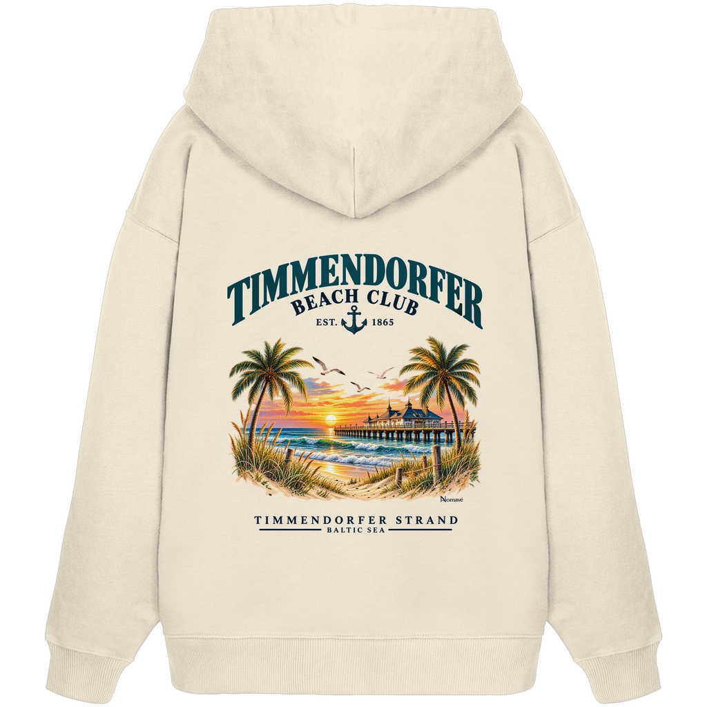 Original-/Katalogmockup: Unisex Bio-Oversize-Hoodie in Natural Raw, Rückansicht mit Timmendorfer-Beach-Club-Rückendruck.