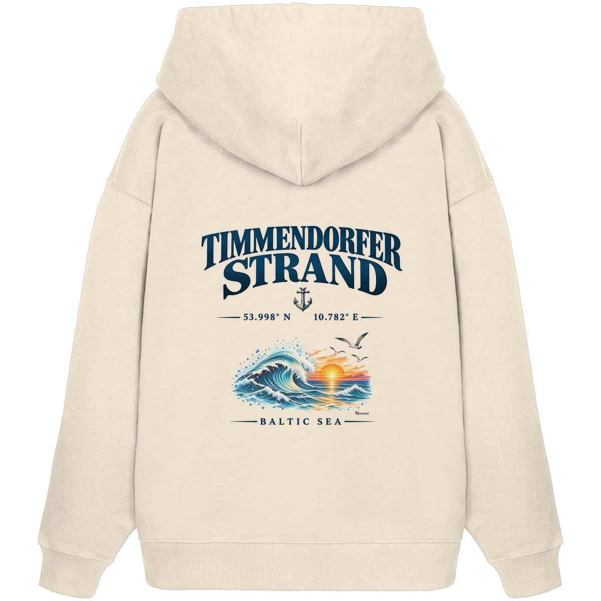 Original-Mockup 1: Unisex Bio-Oversize-Hoodie in Natural Raw mit Timmendorfer Strand – Baltic Sea Backprint.