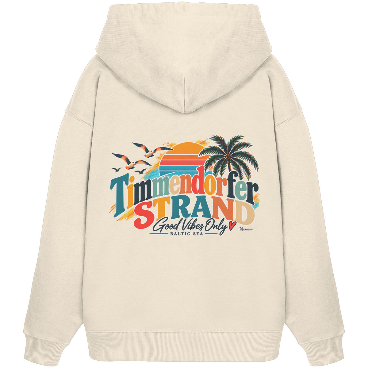 Timmendorfer Strand – Good Vibes Only – Bio Oversize-Hoodie mit Rückenprint – Natural Raw; originales Katalogmockup der Rückansicht mit Rückenprint.