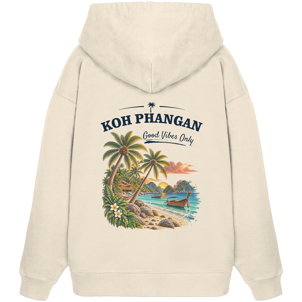 Bio Oversize Hoodie – Backprint in natural raw als Original-Mockup mit Koh Phangan Good Vibes Only Backprint