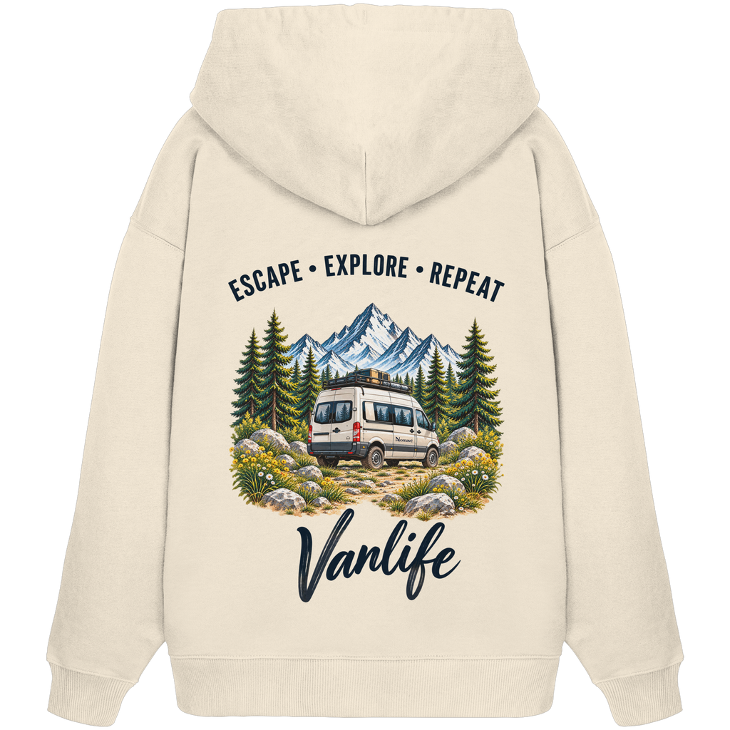 Bio Oversize Hoodie in Natural Raw als Produkt-Mockup mit Escape Explore Repeat Motiv als Backprint