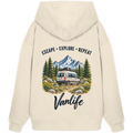 Bio Oversize Hoodie in Natural Raw als Produkt-Mockup mit Escape Explore Repeat Motiv als Backprint