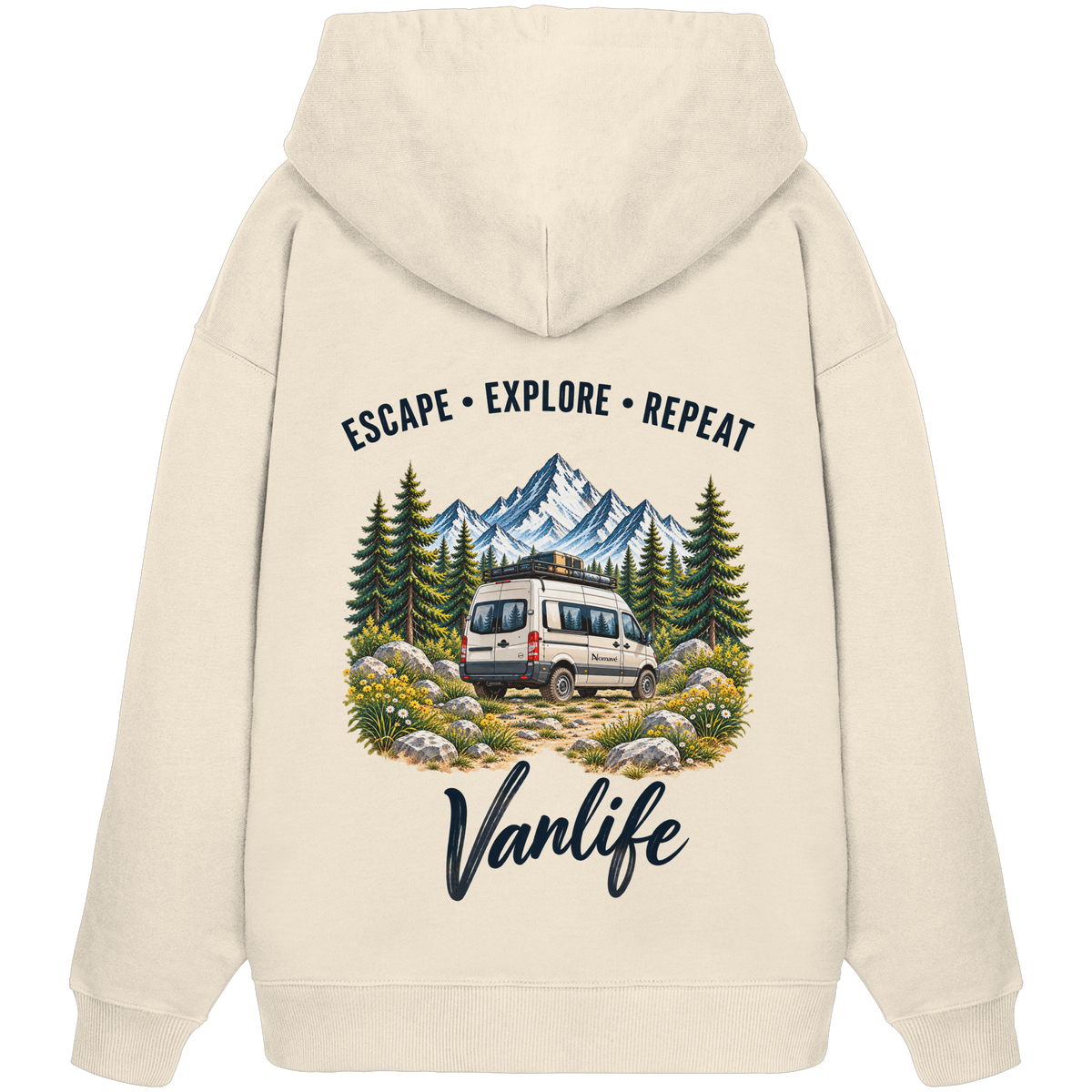 Bio Oversize Hoodie in Natural Raw als Produkt-Mockup mit Escape Explore Repeat Motiv als Backprint