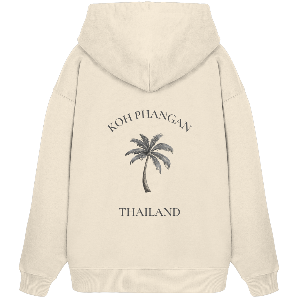 Koh Phangan Mini Palm – Bio Oversize Hoodie – Backprint – Originalmockup in Natural Raw, Produktansicht 1