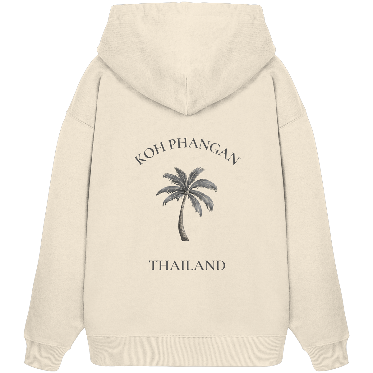 Koh Phangan Mini Palm – Bio Oversize Hoodie – Backprint – Originalmockup in Natural Raw, Produktansicht 1