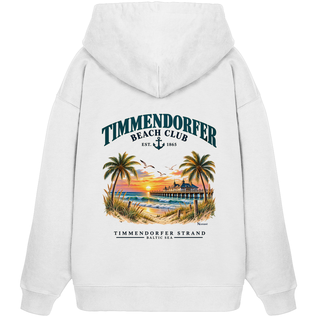 Original-/Katalogmockup: Unisex Bio-Oversize-Hoodie in White, Rückansicht mit Timmendorfer-Beach-Club-Rückendruck.