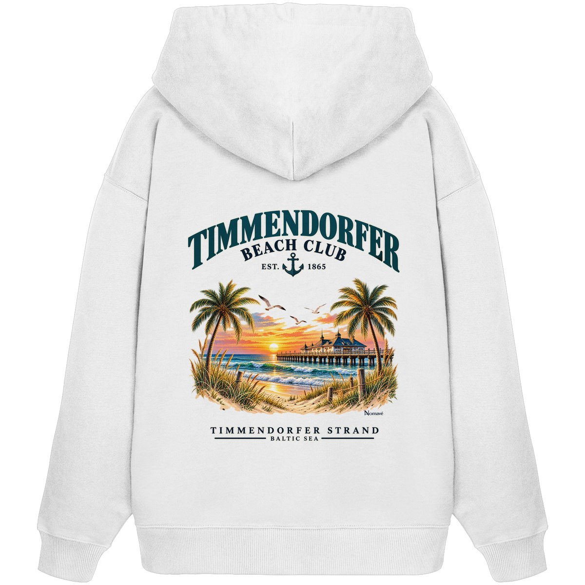 Original-/Katalogmockup: Unisex Bio-Oversize-Hoodie in White, Rückansicht mit Timmendorfer-Beach-Club-Rückendruck.