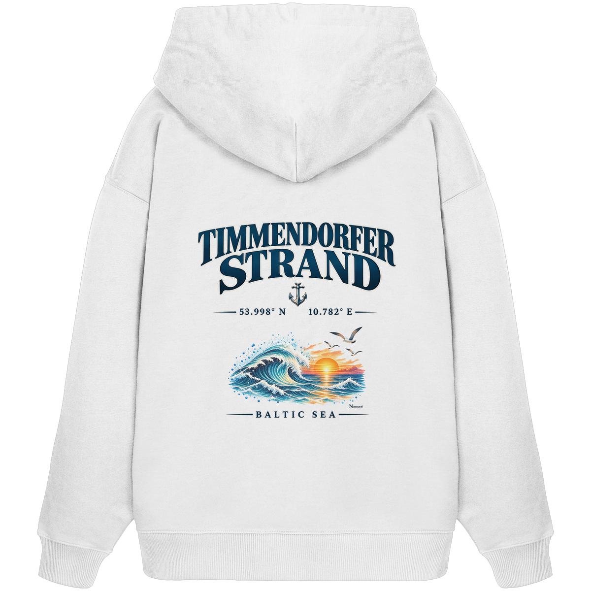 Original-Mockup 2: Unisex Bio-Oversize-Hoodie in White mit Timmendorfer Strand – Baltic Sea Backprint.