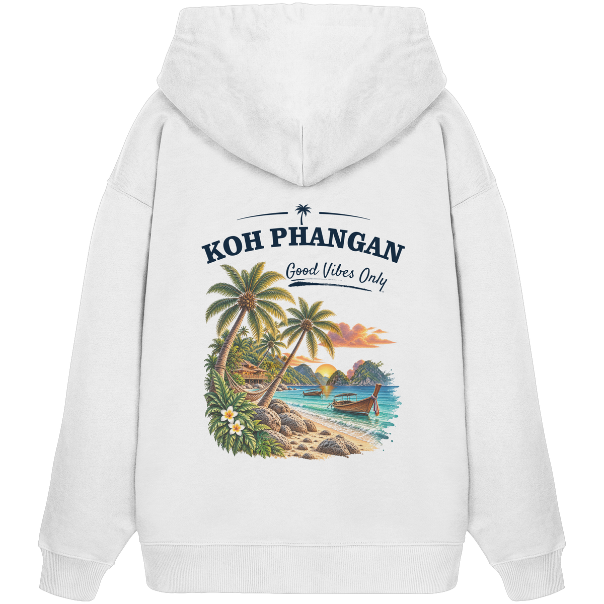 Bio Oversize Hoodie – Backprint in white als Original-Mockup mit Koh Phangan Good Vibes Only Backprint