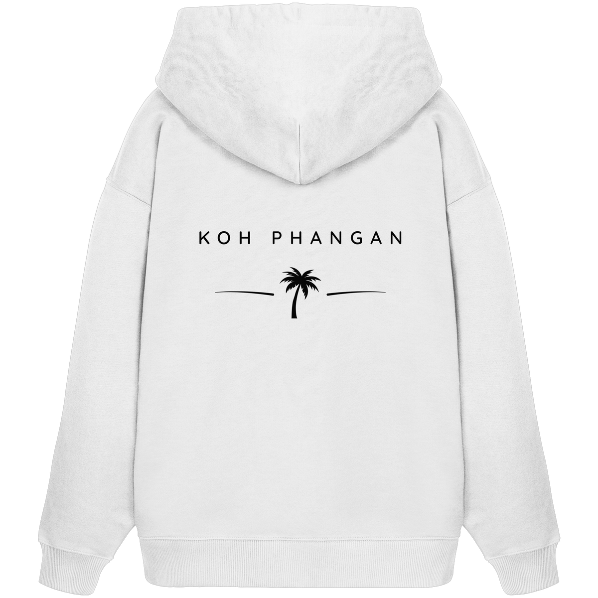 Original-Mockup des Bio Oversize Hoodie in Weiß mit Koh-Phangan-Minimal-Backprint