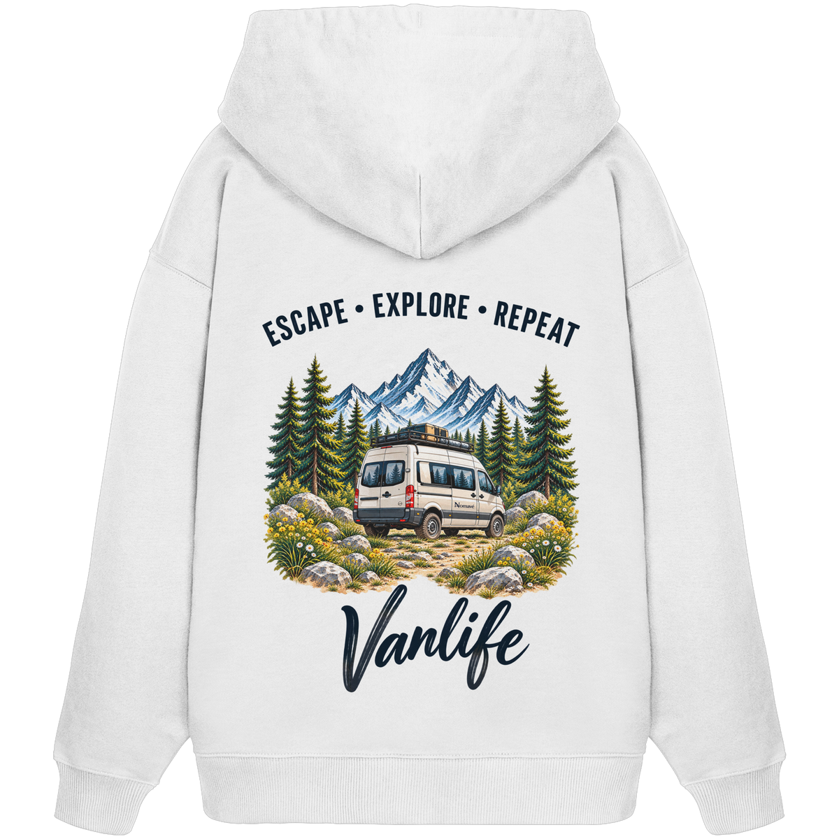 Bio Oversize Hoodie in White als Produkt-Mockup mit Escape Explore Repeat Motiv als Backprint