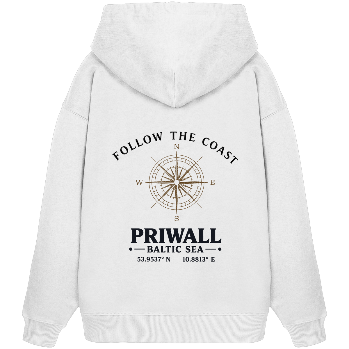 Rückansicht des Bio Oversize Hoodie in White mit hellem Priwall Follow the Coast Backprint