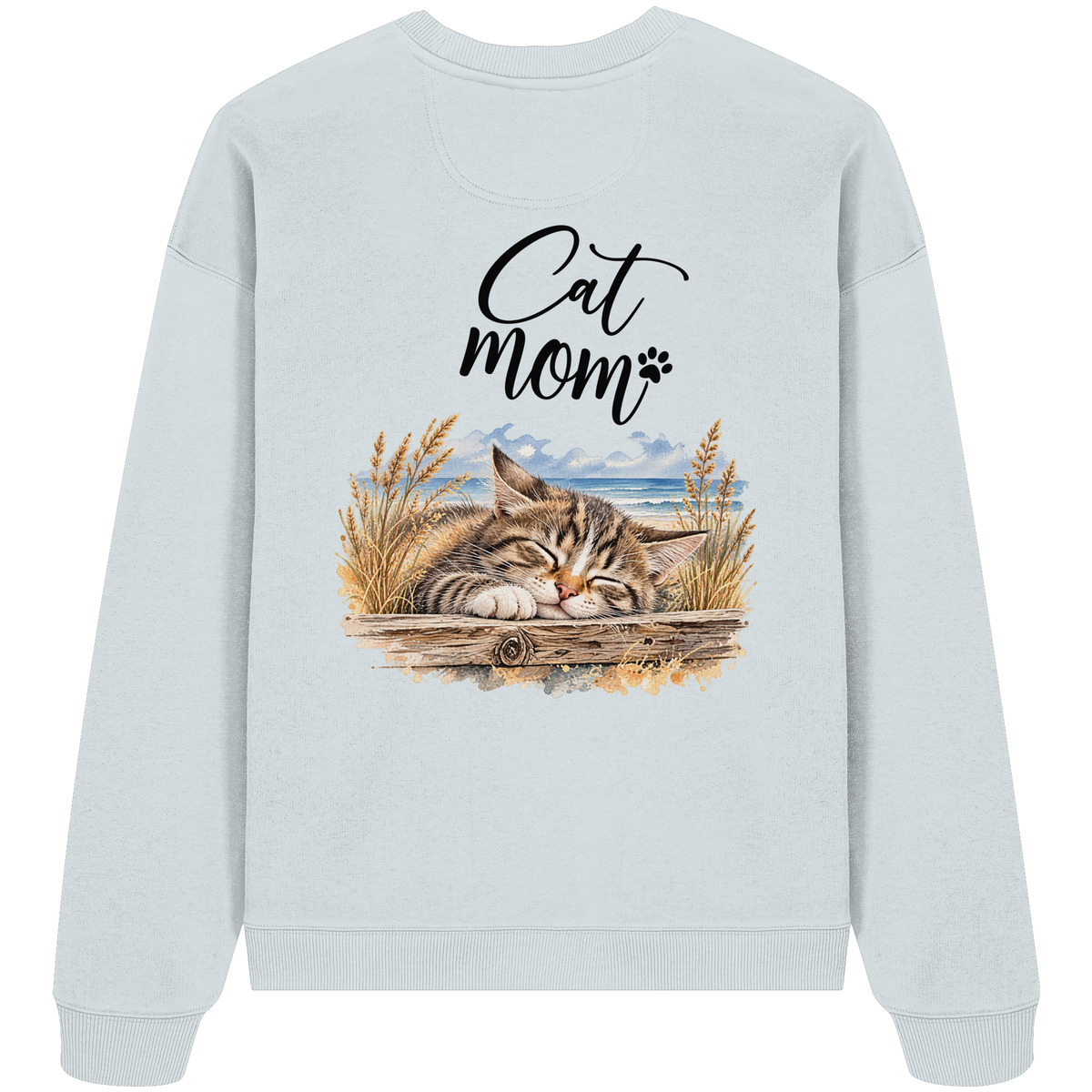 Cat Mom Bio-Oversize-Sweatshirt in Blue Ice – Original-Rückansicht im Oversized Fit mit schlafender Katze und Küstenmotiv als Rückenprint.