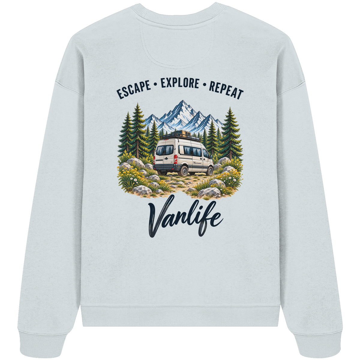 Bio Oversize Sweatshirt in Blue Ice als Produkt-Mockup mit Escape Explore Repeat Motiv als Backprint