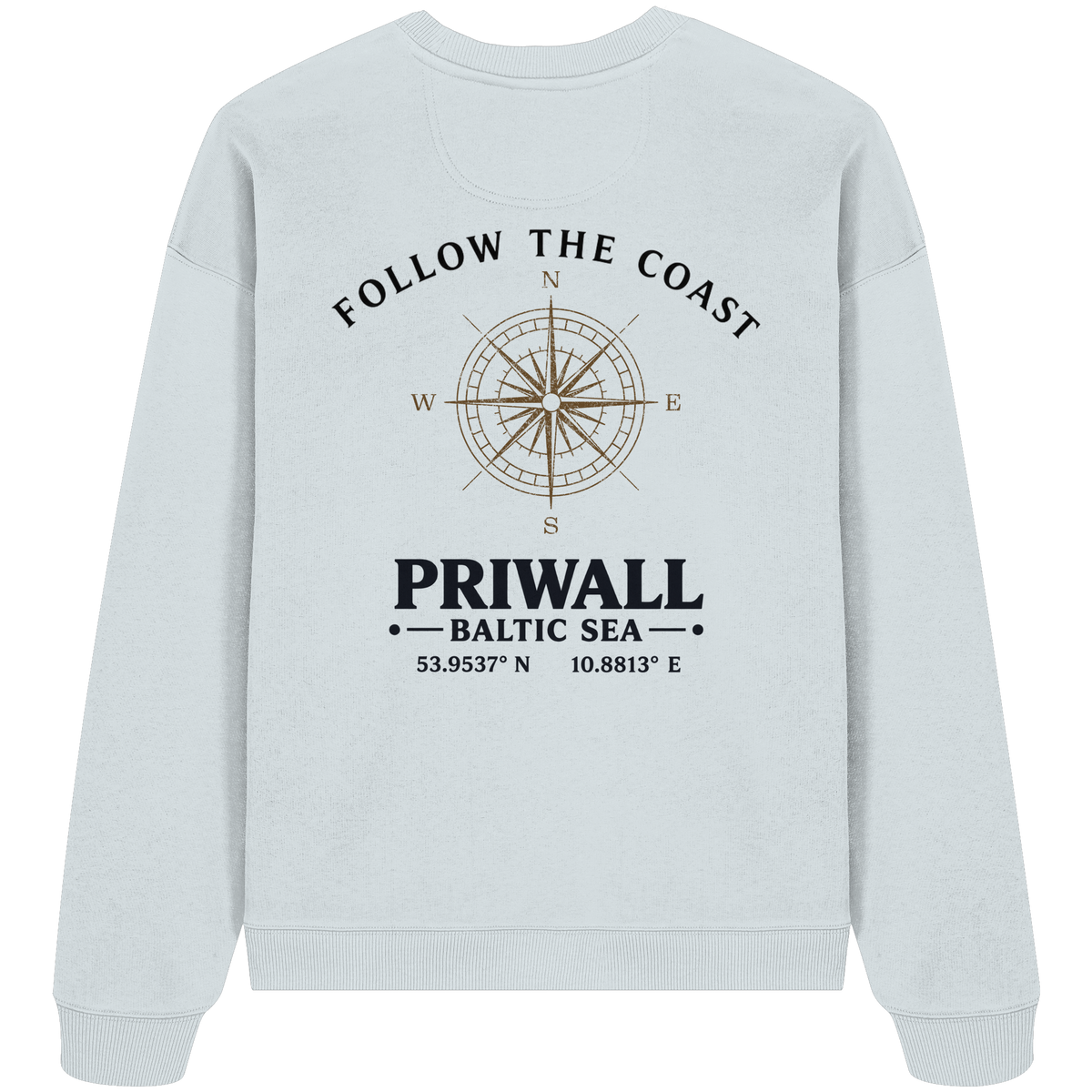 Rückansicht des Bio Oversize Sweatshirt in Blue Ice mit hellem Priwall Follow the Coast Backprint