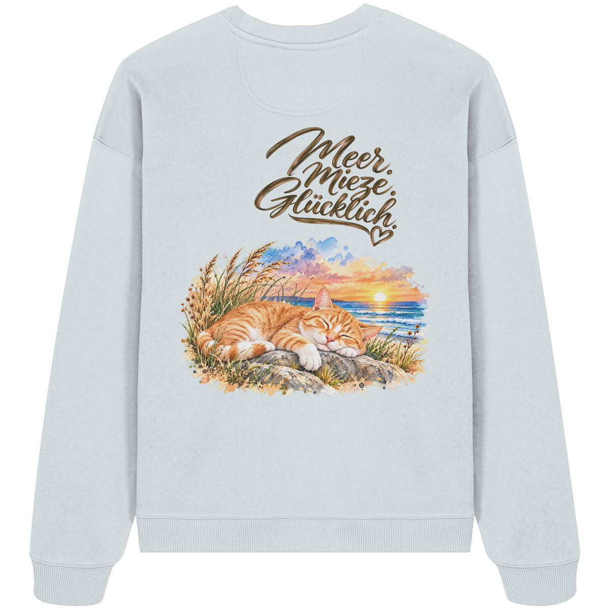 Unisex Bio-Oversize-Sweatshirt in Blue Ice mit „Meer. Mieze. Glücklich.“ als Backprint – Rückansicht im Original-Mockup.