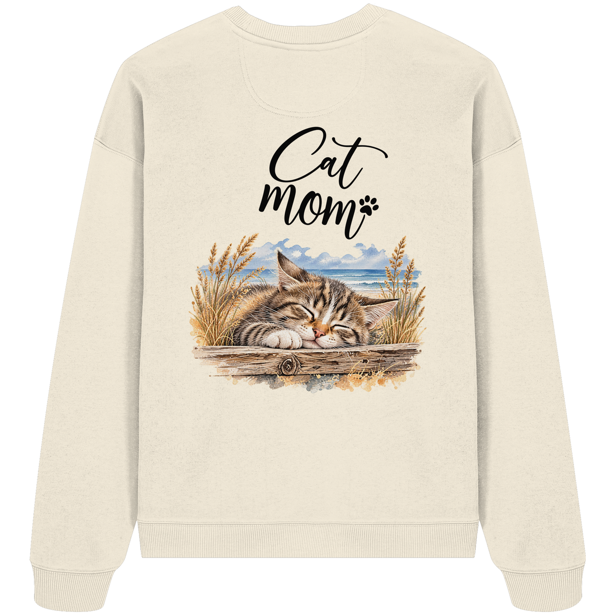 Cat Mom Bio-Oversize-Sweatshirt in Cream – Original-Rückansicht im Oversized Fit mit schlafender Katze und Küstenmotiv als Rückenprint.