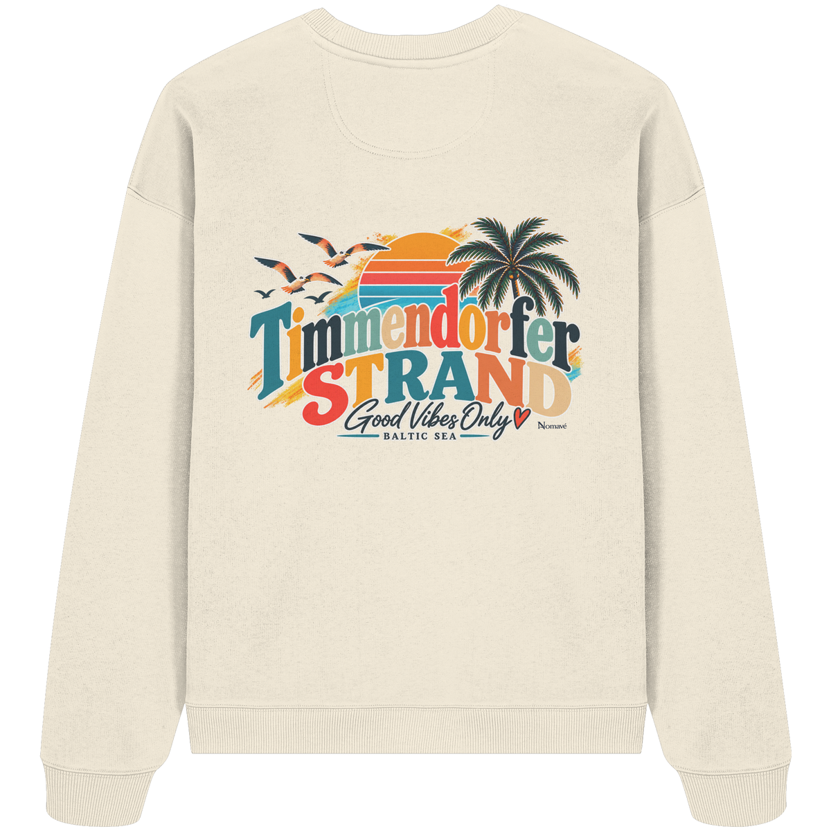 Timmendorfer Strand – Good Vibes Only – Bio Oversize-Sweatshirt mit Rückenprint – Cream; originales Katalogmockup der Rückansicht mit Rückenprint.