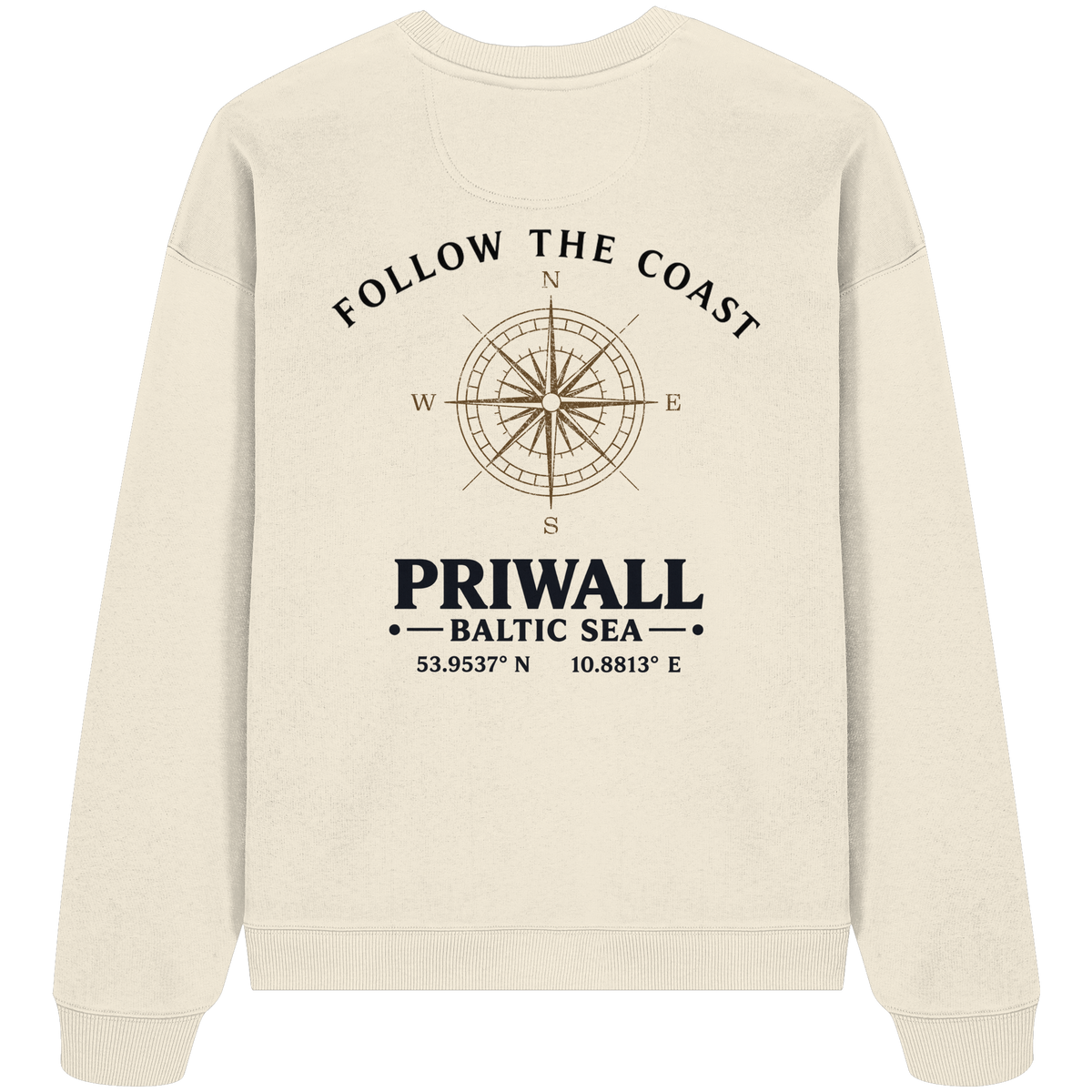 Rückansicht des Bio Oversize Sweatshirt in Cream mit hellem Priwall Follow the Coast Backprint
