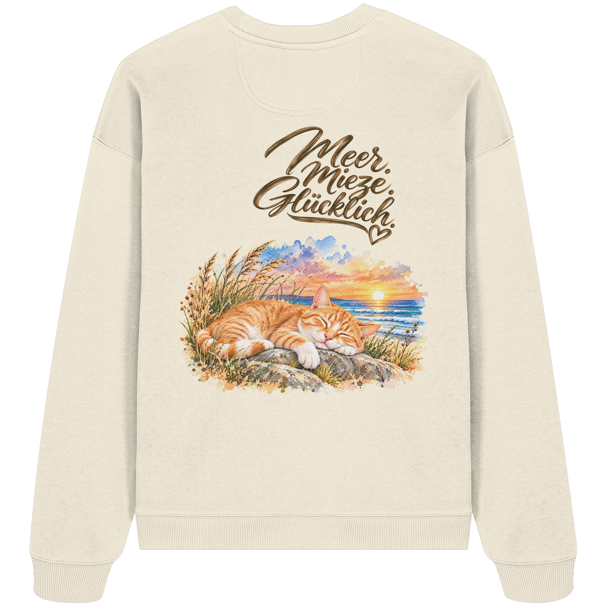 Unisex Bio-Oversize-Sweatshirt in Cream mit „Meer. Mieze. Glücklich.“ als Backprint – Rückansicht im Original-Mockup.