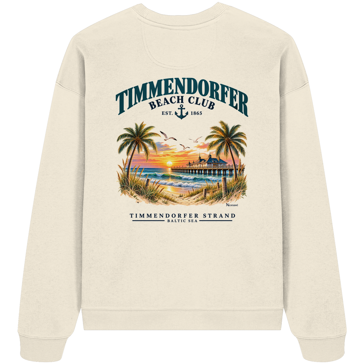 Original-Produktmockup: Unisex-Bio-Oversize-Sweatshirt in Cream, Rückansicht mit Timmendorfer-Beach-Club-Motiv und dem Schriftzug Timmendorfer Strand – Baltic Sea.