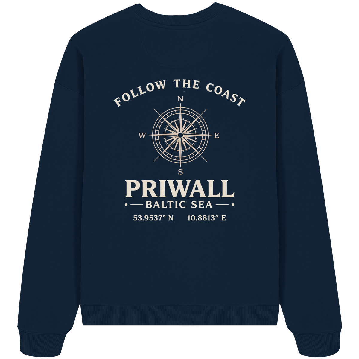 Rückansicht des Bio Oversize Sweatshirt in French Navy mit dunklem Priwall Follow the Coast Backprint