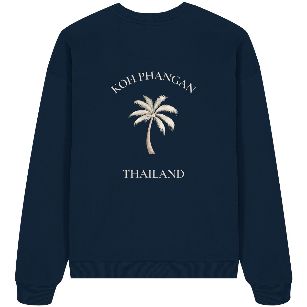 Bio Oversize Sweatshirt in french navy mit Koh Phangan Mini Palm Motiv als Backprint – Original-Mockup