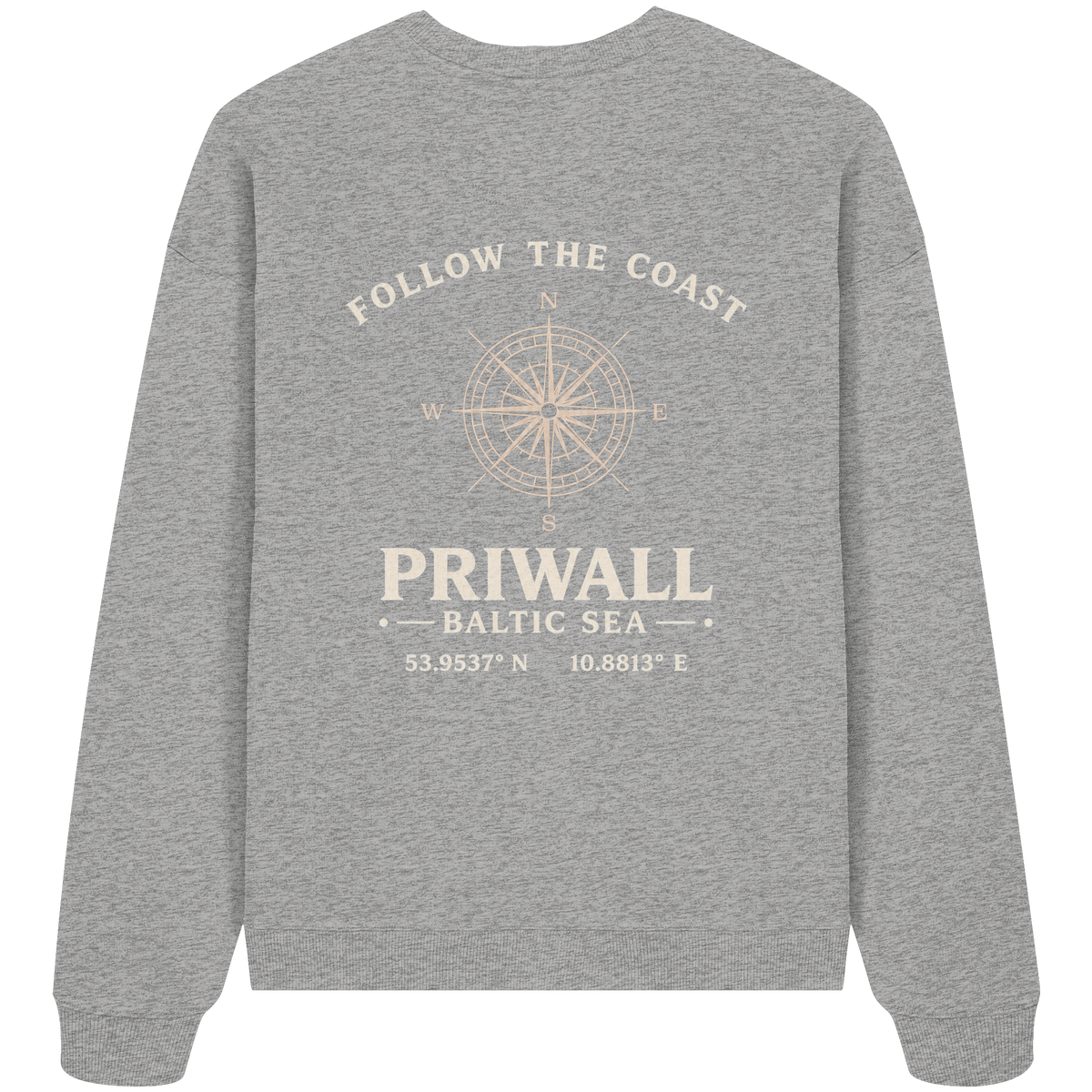 Rückansicht des Bio Oversize Sweatshirt in Heather Grey mit dunklem Priwall Follow the Coast Backprint