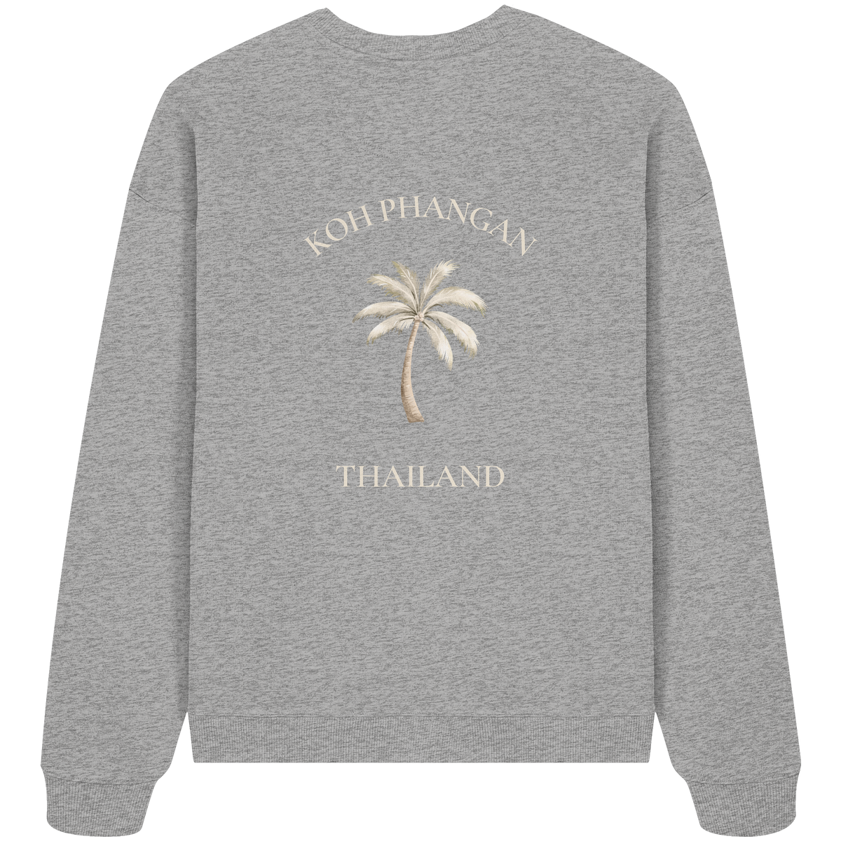 Bio Oversize Sweatshirt in heather grey mit Koh Phangan Mini Palm Motiv als Backprint – Original-Mockup