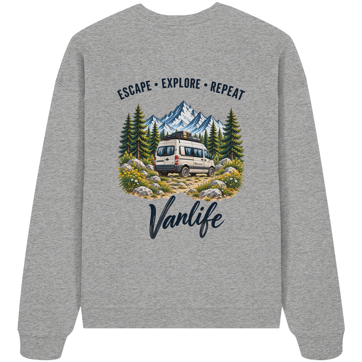 Bio Oversize Sweatshirt in Heather Grey als Produkt-Mockup mit Escape Explore Repeat Motiv als Backprint