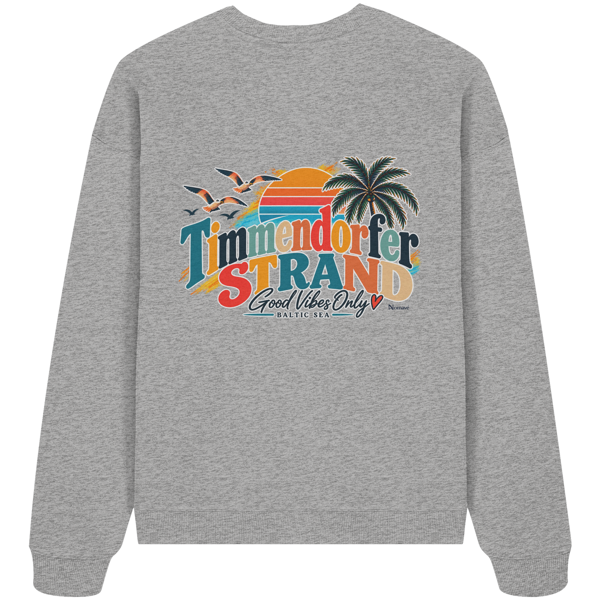 Timmendorfer Strand – Good Vibes Only – Bio Oversize-Sweatshirt mit Rückenprint – Heather Grey; originales Katalogmockup der Rückansicht mit Rückenprint.