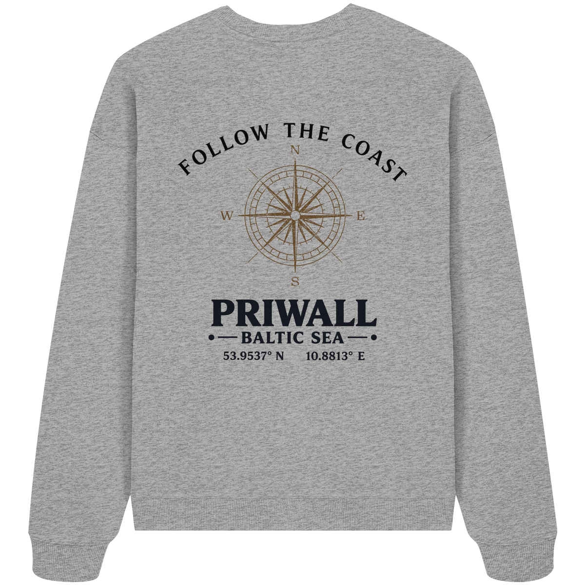 Rückansicht des Bio Oversize Sweatshirt in Heather Grey mit hellem Priwall Follow the Coast Backprint