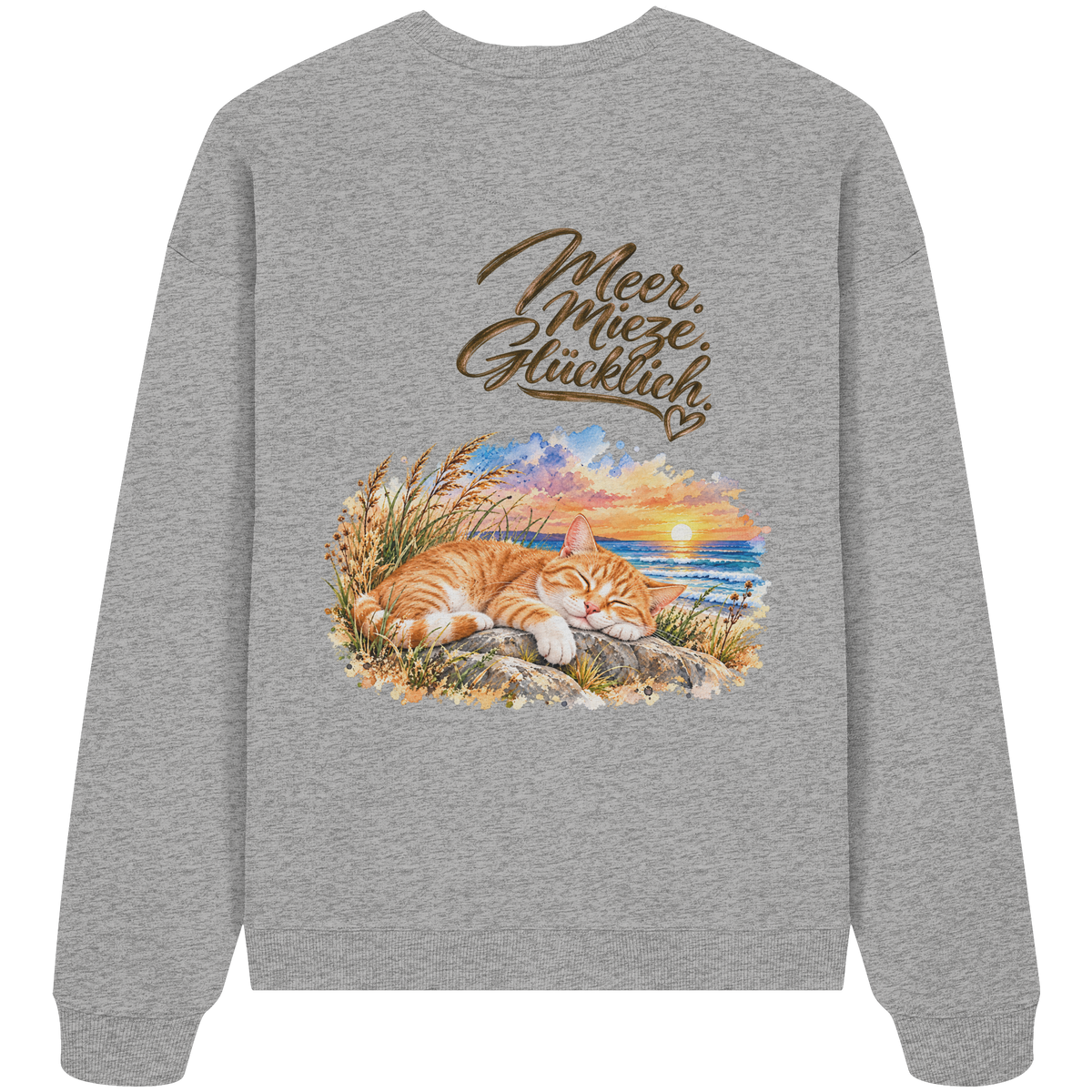 Unisex Bio-Oversize-Sweatshirt in Heather Grey mit „Meer. Mieze. Glücklich.“ als Backprint – Rückansicht im Original-Mockup.