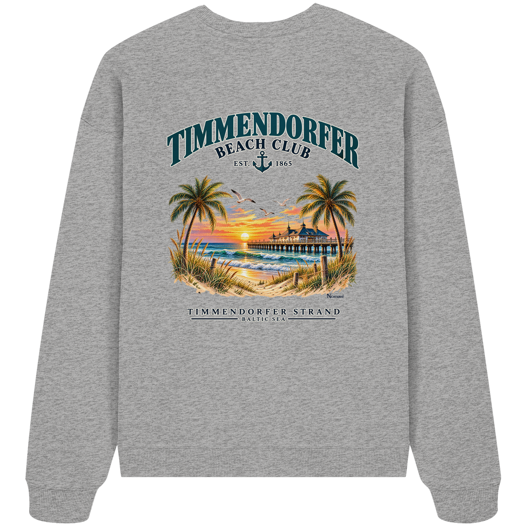 Original-Produktmockup: Unisex-Bio-Oversize-Sweatshirt in Heather Grey, Rückansicht mit Timmendorfer-Beach-Club-Motiv und dem Schriftzug Timmendorfer Strand – Baltic Sea.