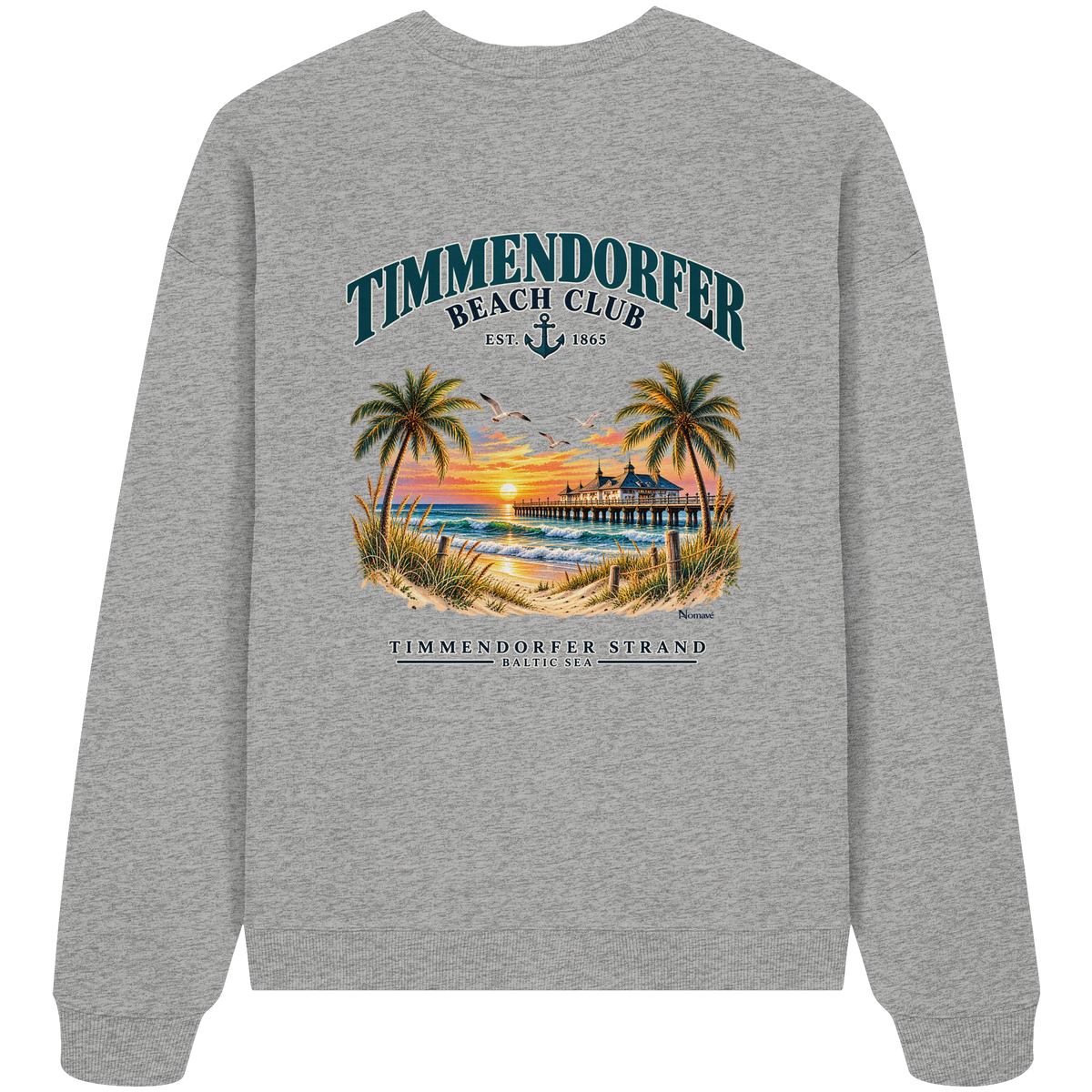 Original-Produktmockup: Unisex-Bio-Oversize-Sweatshirt in Heather Grey, Rückansicht mit Timmendorfer-Beach-Club-Motiv und dem Schriftzug Timmendorfer Strand – Baltic Sea.
