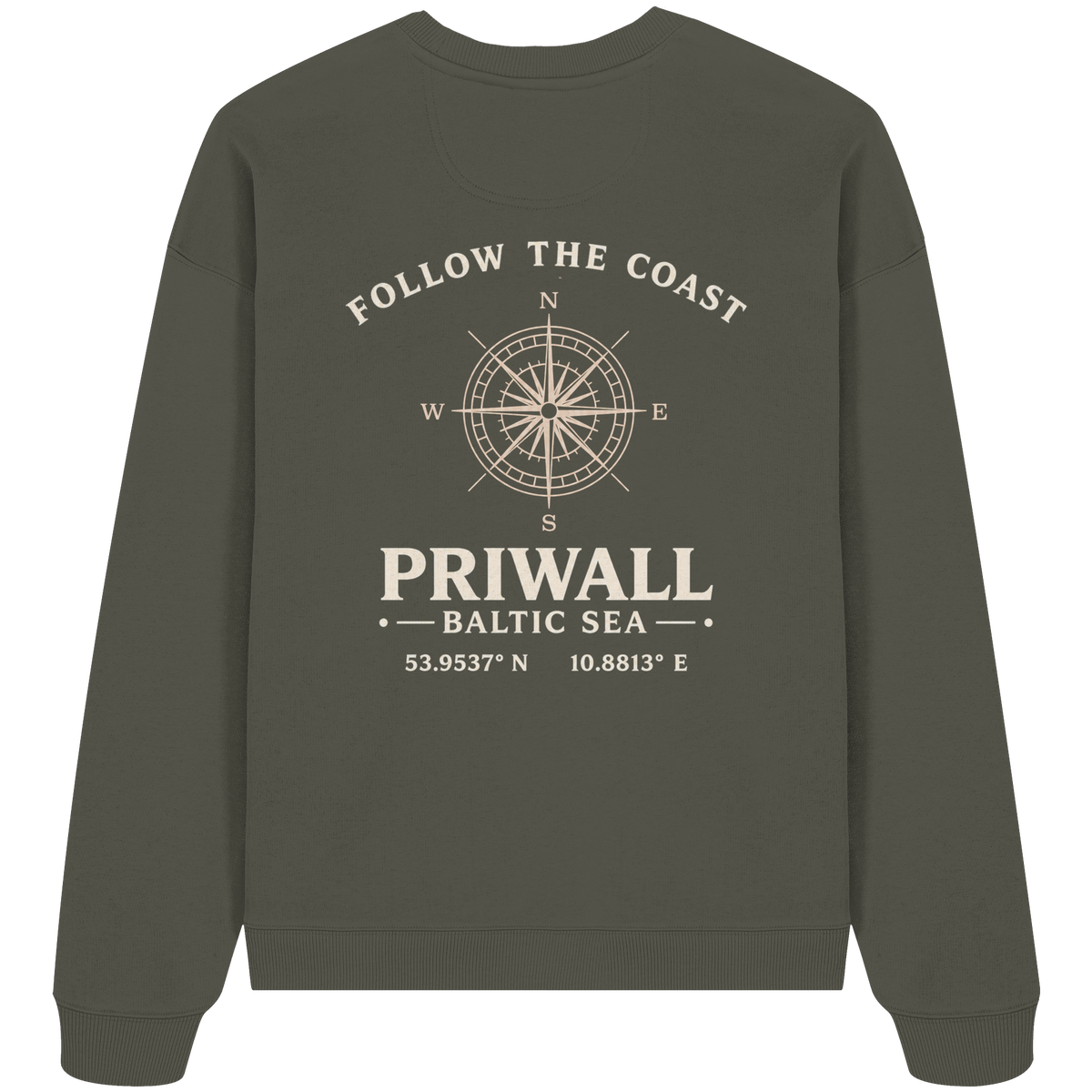 Rückansicht des Bio Oversize Sweatshirt in Khaki mit dunklem Priwall Follow the Coast Backprint