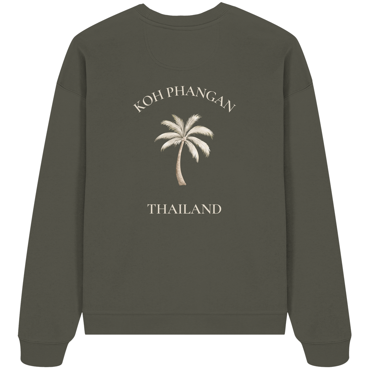 Bio Oversize Sweatshirt in khaki mit Koh Phangan Mini Palm Motiv als Backprint – Original-Mockup