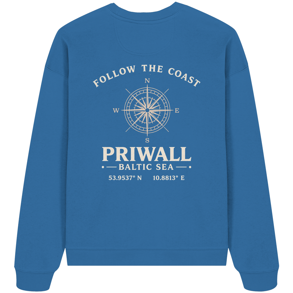 Rückansicht des Bio Oversize Sweatshirt in Mindful Blue mit dunklem Priwall Follow the Coast Backprint
