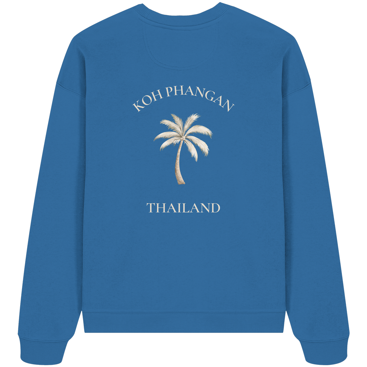 Bio Oversize Sweatshirt in mindful blue mit Koh Phangan Mini Palm Motiv als Backprint – Original-Mockup