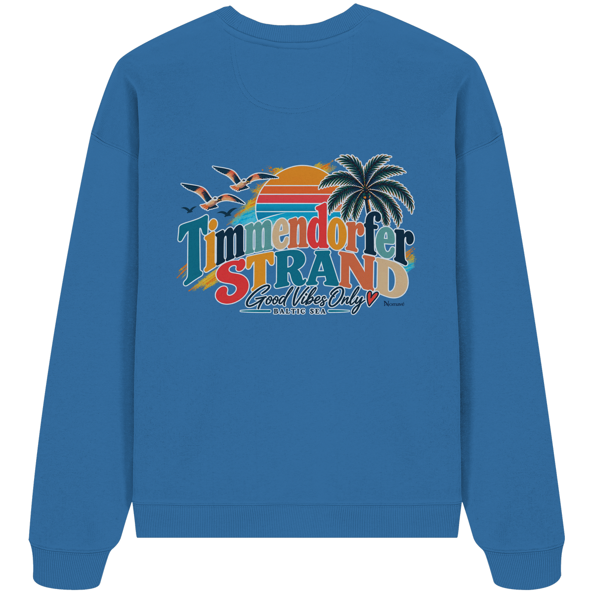 Timmendorfer Strand – Good Vibes Only – Bio Oversize-Sweatshirt mit Rückenprint – Mindful Blue; originales Katalogmockup der Rückansicht mit Rückenprint.