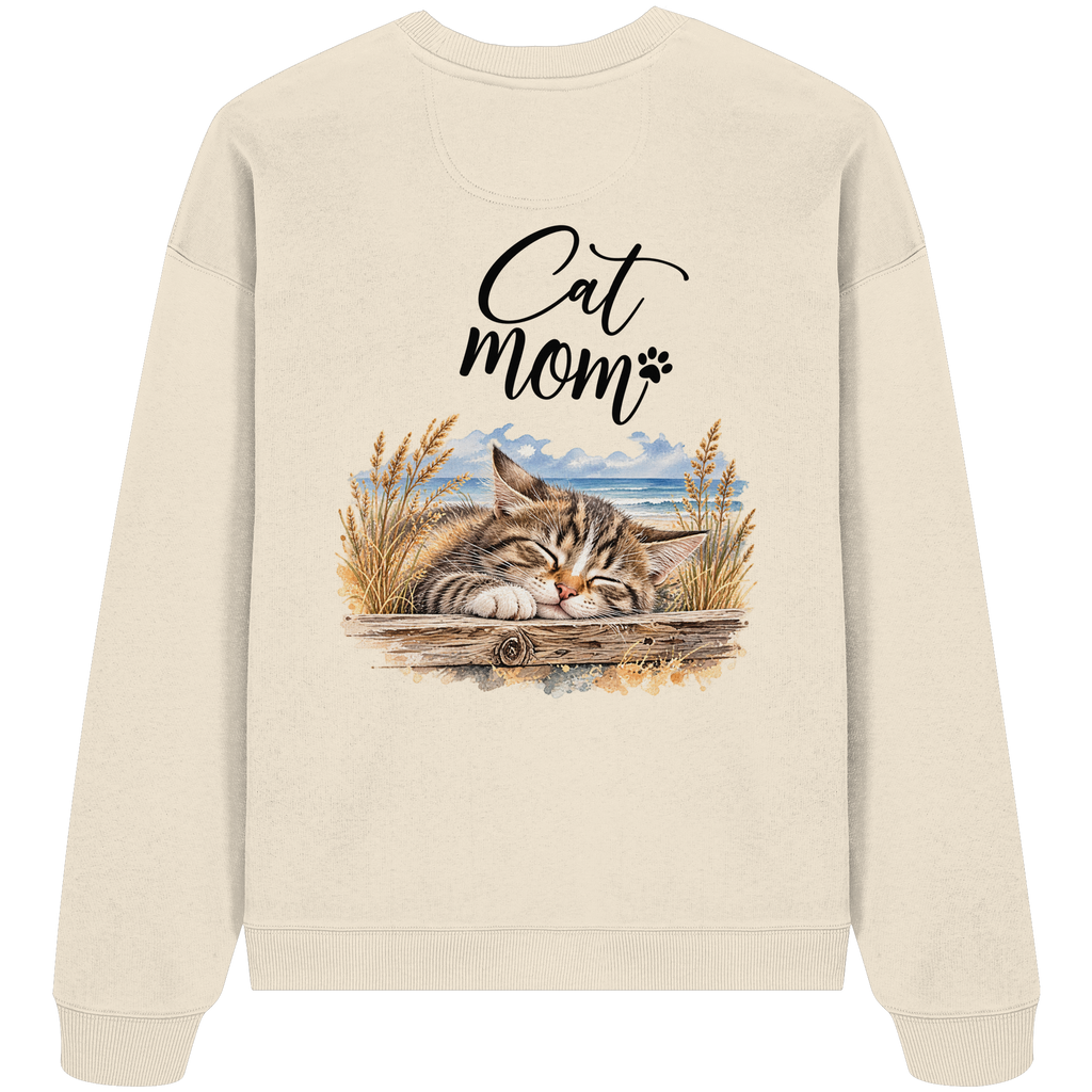 Cat Mom Bio-Oversize-Sweatshirt in Natural Raw – Original-Rückansicht im Oversized Fit mit schlafender Katze und Küstenmotiv als Rückenprint.