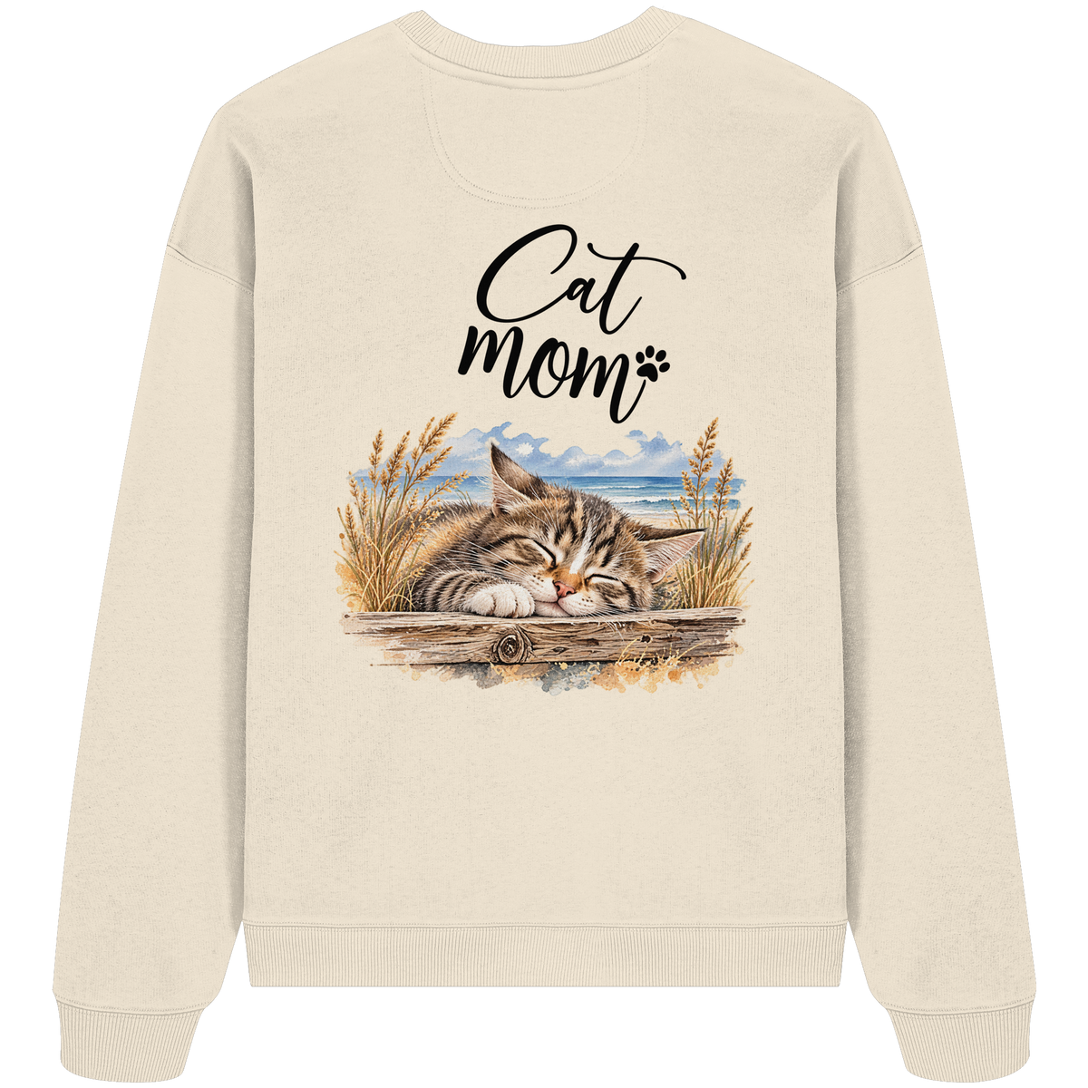 Cat Mom Bio-Oversize-Sweatshirt in Natural Raw – Original-Rückansicht im Oversized Fit mit schlafender Katze und Küstenmotiv als Rückenprint.